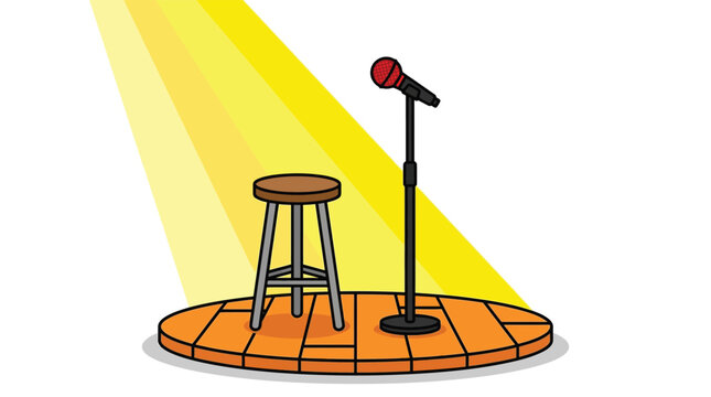 Vector illustration of a microphone and wooden stool on a stage under a yellow spotlight for stand up comedy performance