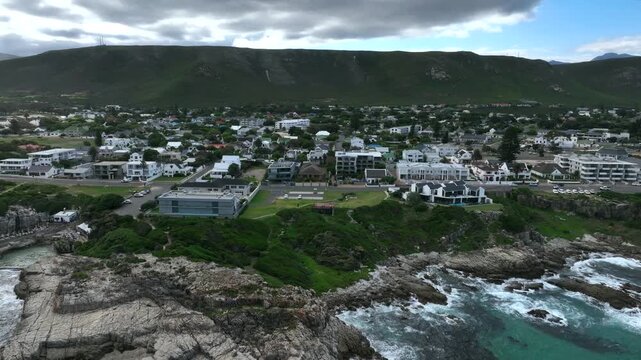 Approaching aerial view from the sea to Hermanus, South Africa.