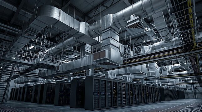 Massive server racks and complex ventilation systems in a modern data center creating a powerful technological infrastructure for digital operations