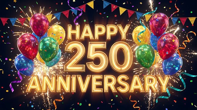 Festive 250th anniversary celebration with balloons confetti and bunting golden typography