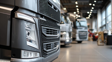 Fototapeta premium Gray trucks displayed in modern showroom with close-up front cab, bright lights, and vehicle lineup