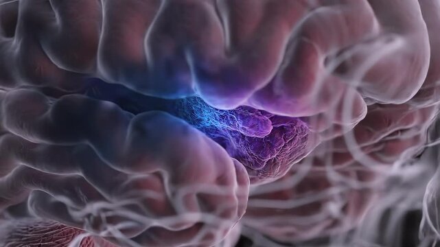 Extreme macro visualization through a semi-transparent skull where a central brain region becomes a defined low-oxygen risk zone, illustrating impaired blood flow, hypoxia and neurological damage