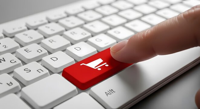 Finger pressing red shopping cart button on computer keyboard