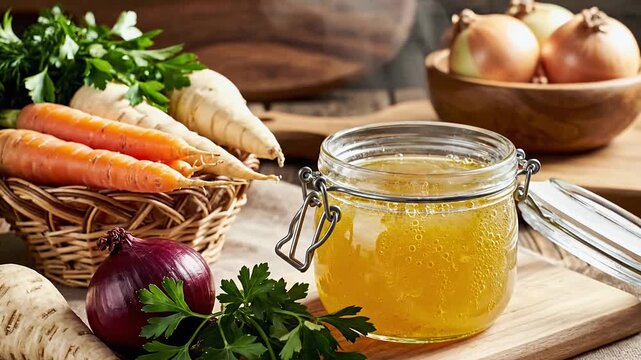 Homemade Bone Broth with Fresh Vegetables Ready for Cooking.