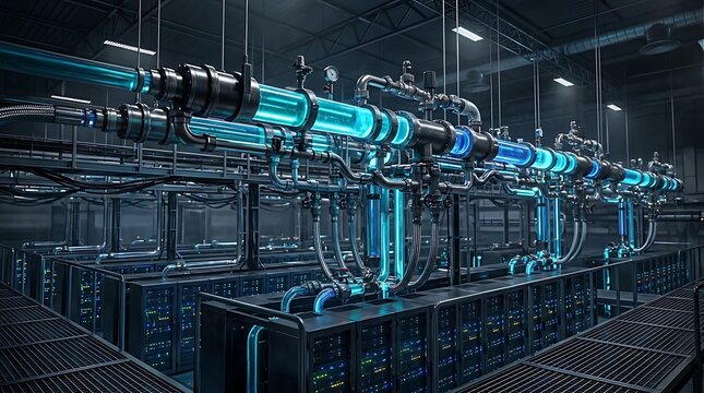 Advanced data center with glowing blue liquid cooling pipes and server racks representing futuristic technology and high performance computing