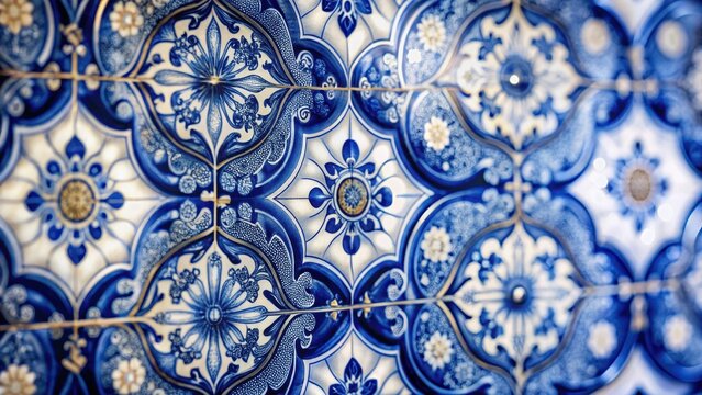 A realistic photo of Delft blue seamless pattern with vintage dutch tile decor