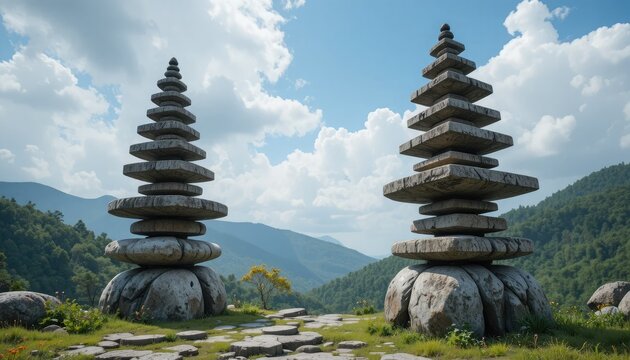 Two stone cairns stacked with flat rocks on a grassy hill with a mountain range in the background under a cloudy sky