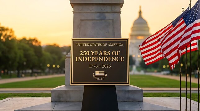 Commemorative plaque marking 250 years of us independence with the capitol building in the background at sunset
