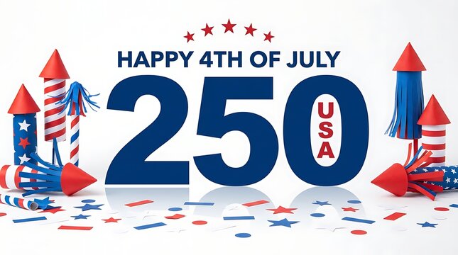 Festive 4th of july celebration with large '250 usa' text fireworks and patriotic confetti on white background