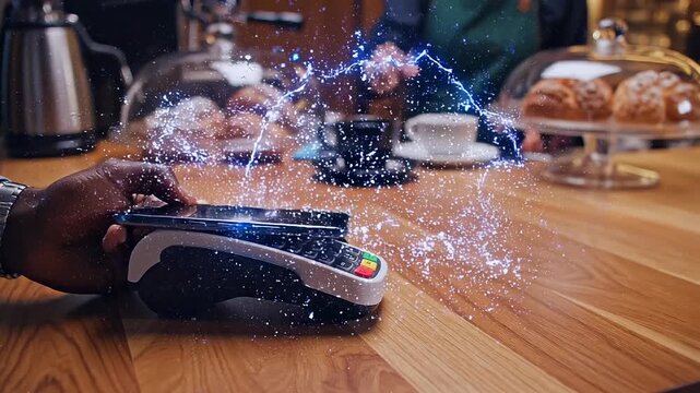 Cafe counter where a smartphone glides over a payment terminal as a luminous arc expands outward, visualizing instant contactless transaction and frictionless digital exchange