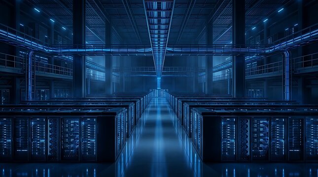 Modern data center interior with rows of illuminated server racks and blue glowing lights representing technology and digital infrastructure.