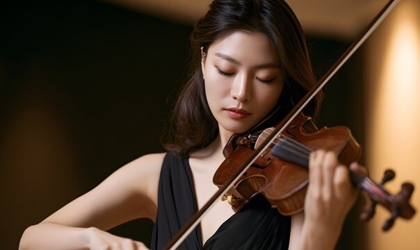 korean woman playing the violin, wearing a black evening dress, against a dark background with soft lighting and warm tones.