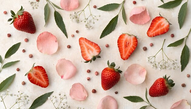 Soft pastel flat lay photography of strawberries pink peppercorns and blush rose petals mixed with delicate baby's breath flowers and fresh lemon verbena leaves on a pale cream background