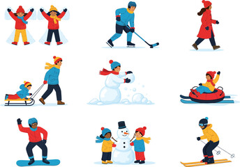 Fototapeta premium Winter outdoor activities collage with ice skating activities illustration sledding snowboarding children recreation happiness activity isolated collection wintertime recreational
