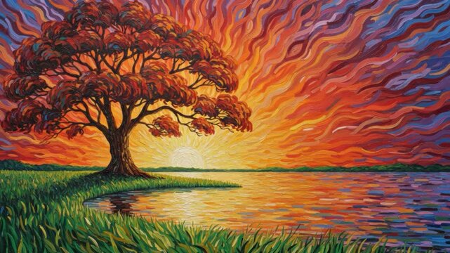 Impressionistic painting of a tree at sunset with vibrant colors