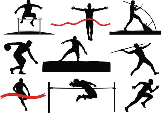 Collection of track and field athletic silhouettes with pole vault finish line high jump long jump sports equipment silhouette competition marathon champion illustration collection athletic