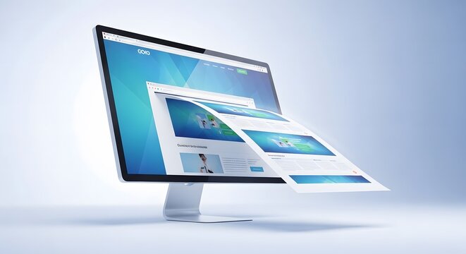 Responsive web design mockup with floating pages on computer screen