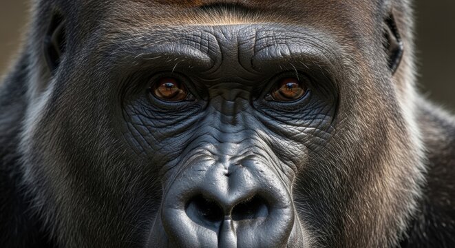 Majestic silverback gorilla close up portrait, powerful mountain gorilla face with intense eyes, wild primate wildlife photography