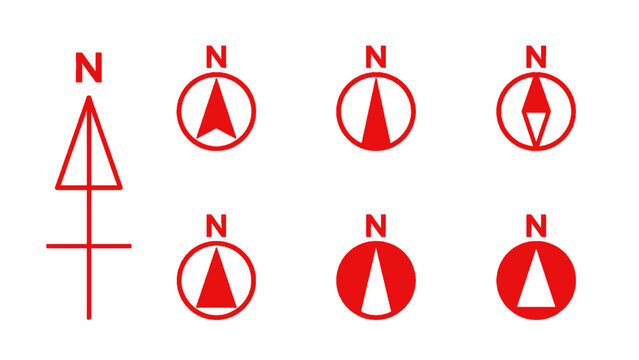 Bold red navigation icons with compass and direction indicators.