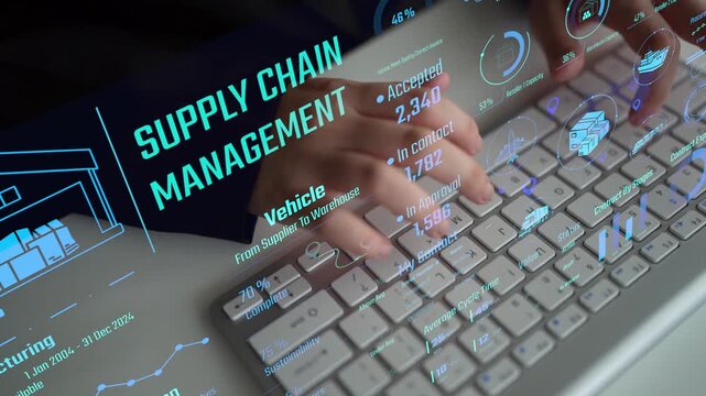 Supply chain management interface showing delivery routes, warehouse efficiency, cost savings, vehicle tracking, procurement ROI, and contract stages. Futuristic supply chain monitoring system. Thunk