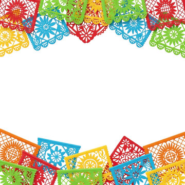 Colorful Mexican Papel Picado Banner Border on White Background for Fiesta, Cinco de Mayo, and Day of the Dead Celebrations