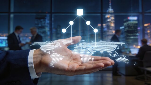 Businessman hand holding digital world map with network nodes global technology concept corporate office background with blurred team innovation data connection future internet