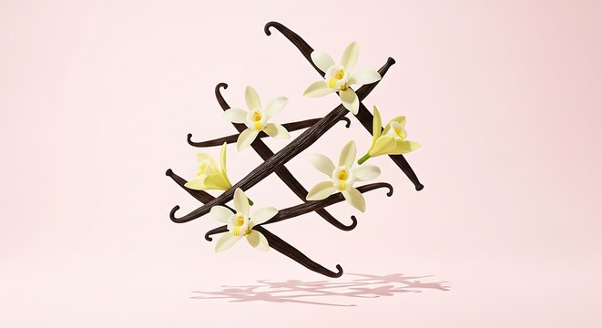 Vanilla Bean and Flower Arrangement on Light Pink Background.
