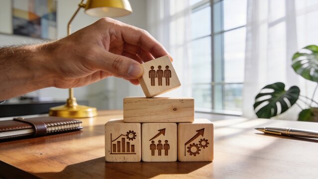 Hand placing wooden block with people icon on stack of blocks featuring growth charts and gears in modern office symbolizing team building strategic planning and business