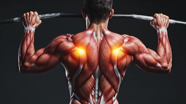 Anatomical illustration of male back muscles performing pull ups with glowing pain points on dark background