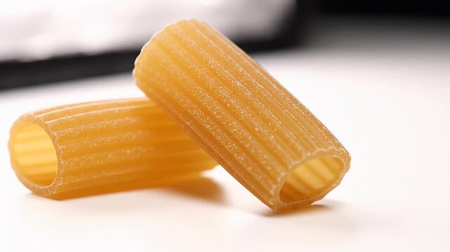Close-up of two dry rigatoni pasta tubes on a white surface.