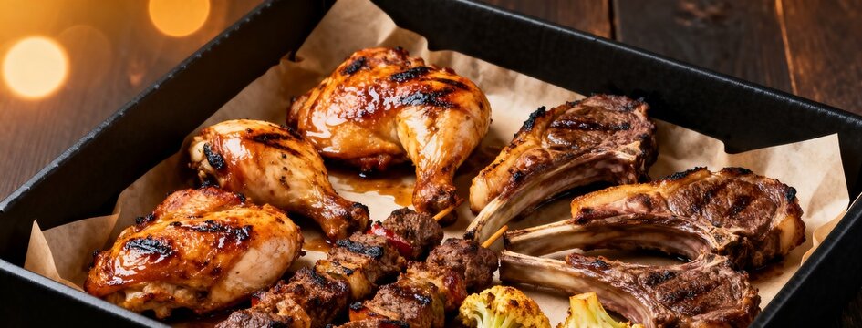 Gourmet Grilled Meat Platter: Chicken, Lamb Chops, and Skewers with Roasted Vegetables