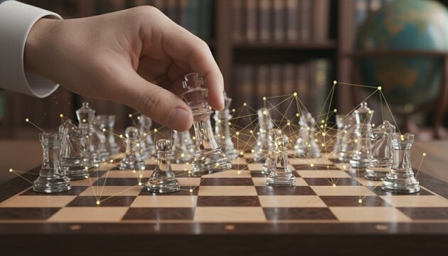 Hand moving a chess piece on a glass chessboard symbolizing strategic decision in digital strategy consulting. Business Strategy & Consulting