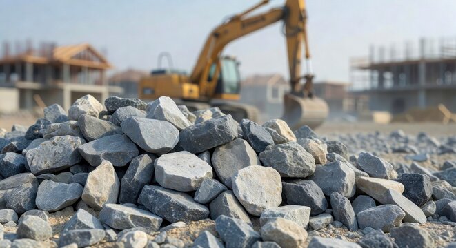 A large pile of grey construction rocks dominates the foreground, with an excavator and new buildings in the blurred background at a building site.