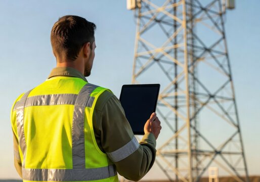 A man in a safety vest holds a tablet, overlooking a tall communications tower against a clear sky, performing an inspection or monitoring.