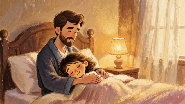 Father tenderly tucking daughter into bed at night