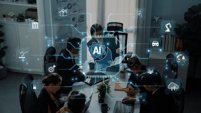 A diverse business team engages in a collaborative meeting, exploring artificial intelligence concepts with visual icons, showcasing a modern office environment. Raster