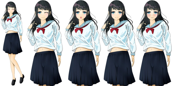 黒髪セミロングの可愛い女子高生の全身立ち絵 - TRPG立ち絵・ゲームのキャラクターイラスト素材