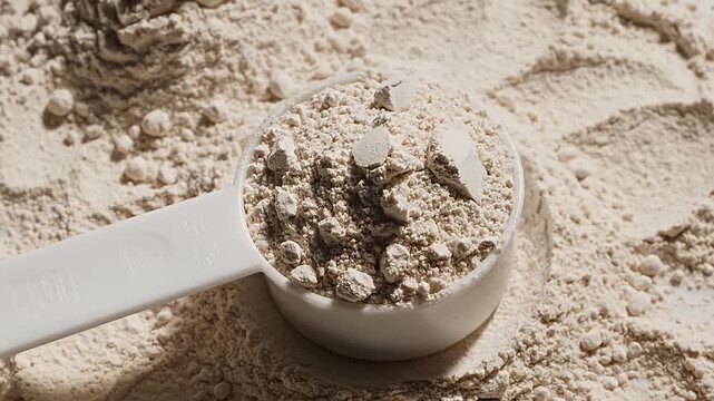 Close-up of Protein Powder in a Scoop for Fitness and Health.