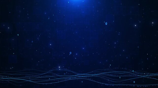 Blue binary wave digital background floating numbers, glowing data lines, squares, dark tech space. for AI videos, cyber intros, software promos, data screens, network visuals, and futuristic overlays