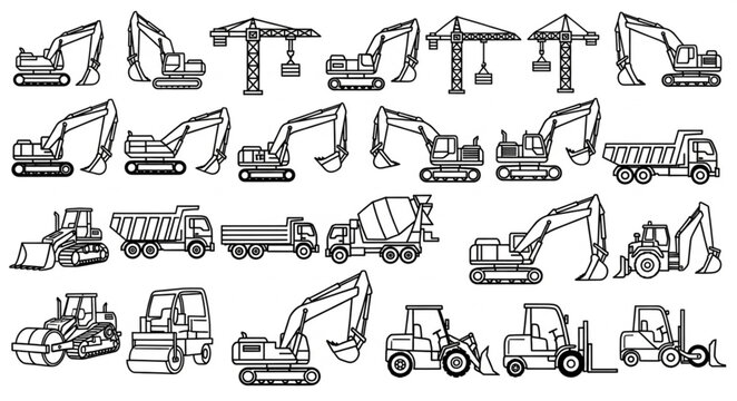 Collection of construction vehicles and equipment illustrations.