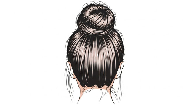 Womans dark hair styled in a neat top knot bun.