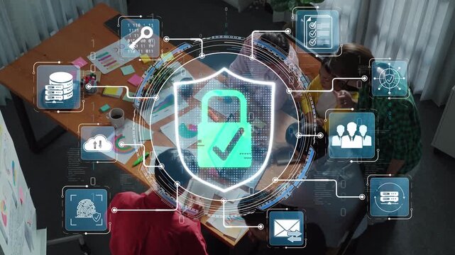 Group of Diverse Professionals Collaborating on Cybersecurity Solutions with Digital Lock Icons and Data Protection Concepts in a Modern Office Setting Sigmoid