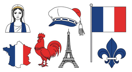 France Symbols Collage: Flag, Eiffel Tower, Rooster, Map, Fleur-de-lis © Muhamad