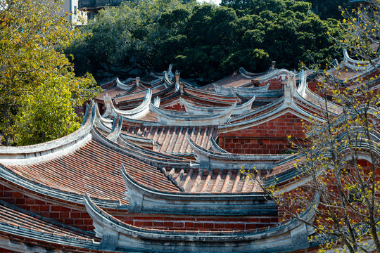 Architectural close-up of classic Minnan official-style ancient mansion in Wulin Traditional Village, Jinjiang, Quanzhou. It features exquisite traditional Minnan architectural craftsmanship.