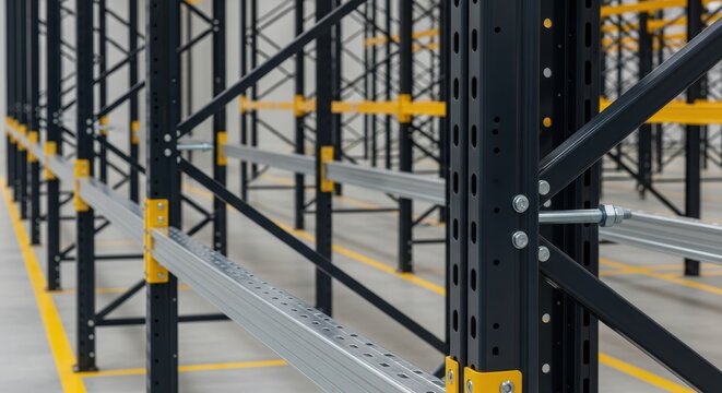 Steel warehouse shelving rack system with yellow safety accents and gray beams