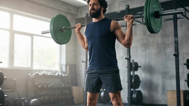 Determined man performs heavy barbell squat in gym, during an intense workout. Building strength, muscle, fitness, health with strong determination and focus, pushing physical limits