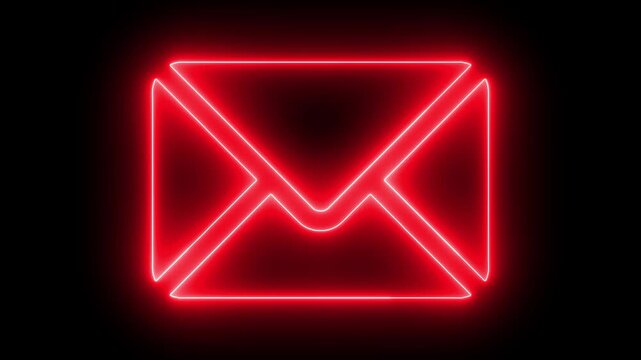 A neon red outline of an envelope glows intensely on a black background, symbolizing email, communication, messaging, and digital correspondence with a vibrant and modern feel