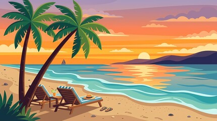 Obraz premium tropical beach sunset with palm trees and lounge chairs vacation paradise illustration