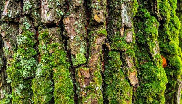 Detailed close-up of tree bark partially covered with moss, highlighting rough texture, natural patterns, and forest ecosystem elements.