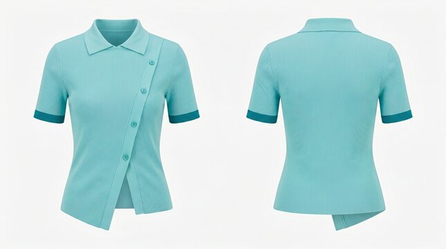 Women's mint green polo shirt featuring a unique asymmetrical button-down closure and ribbed texture. Elegant and modern short-sleeve top for professional or casual wear, front and back view.